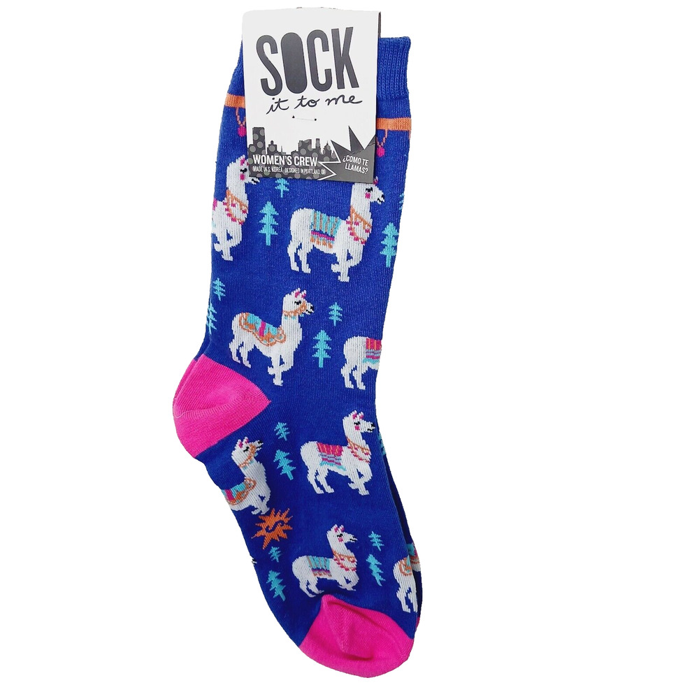 Sock It To Me Crew Women Boy Llama Spit Peru Pink Blue Trees NWT NEW